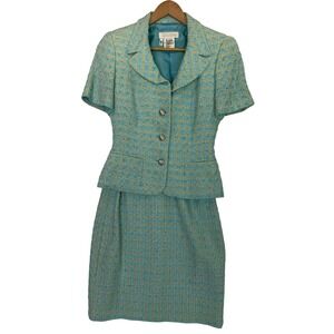 Escada Women's Tweed Dress Suit Set Blue Gold Jacket Dress EUC Size 36 (S/M)
